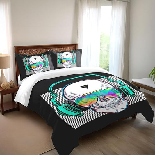 Music Skull Comforter Sets Twin Size Boys Girls Punk Rocker Skeleton Printed Soft Warm Bedding for All Season
