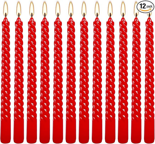 10 Inch Red Spiral Taper Candles Set of 12 Pack Unscented Dripless Candlesticks for Christmas,Dinner,Party,Brithday,Wedding and Home Decoration