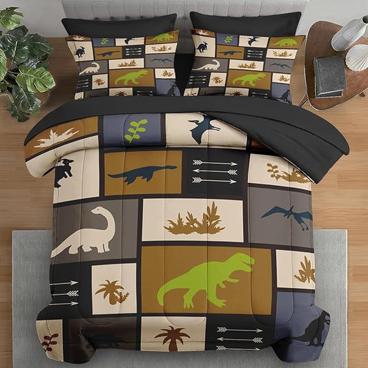 Comforter Set King Size, Dino Tree Animal 7 Pcs Bedding for Kids and Adults, Cute Dinosaur Dragon Bed Sheet Sets with Fitted Sheet 2 Pillowcases & 2 Shams for Bedroom Bed Decor