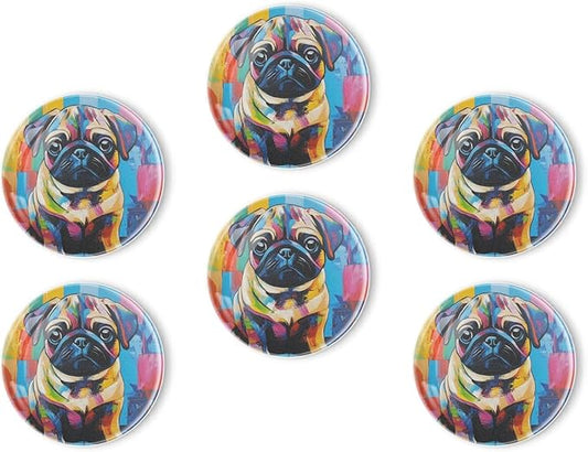 Fridge Magnets 6 Pcs Painted Pug in Modern Art Style Round Strong Magnetic Glass Small Refrigerator Magnet,Home Decoration for Office Whiteboards,Classrooms,Cabinet and Dishwasher