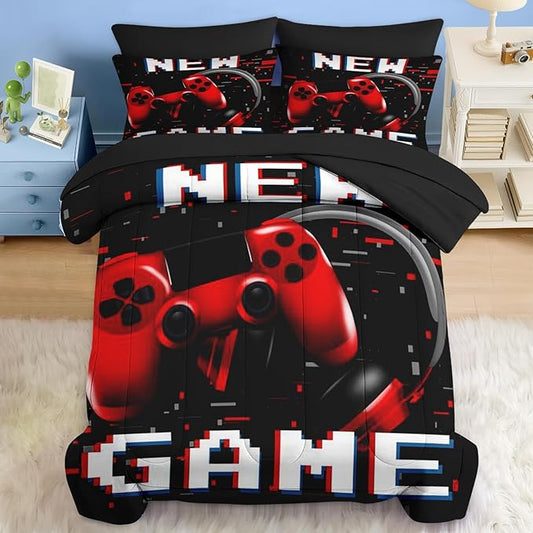 Comforter Set Full Size, Retro Gaming Gamepad 7 Pcs Bedding for Kids and Adults, Play Computer Video Games Bed Sheet Sets with Fitted Sheet 2 Pillowcases & 2 Shams for Bedroom Bed Decor