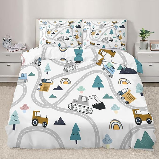 Cartoon Excavator Bulldozer Bedding Set Twin Size Construction Vehicles Duvet Cover Road Forest Comforter Cover Kids Engineerin Comforter Set with Zipper Ties for Bedroom