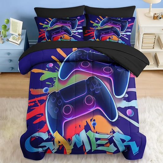 Comforter Set Full Size, Game Graffiti 7 Pcs Bedding for Kids and Adults, Neon Geometric Gaming Bed Sheet Sets with Fitted Sheet 2 Pillowcase & 2 Sham for Bedroom Bed Decor