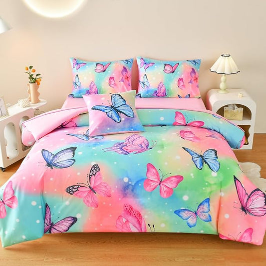 6 Pcs Bed in A Bag Twin Comforter Set for Girls,Pink Butterfly Bedding,Butterfly Comforter Sets with Sheets for Kids