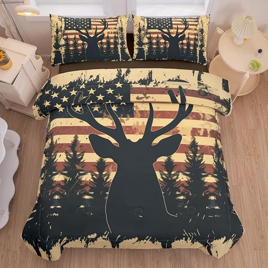 Deer Comforter Sets Queen 5PCS with Sheets, Deer & American Flag Comforter Set for Hunter Bedroom Decor, Bedding Set for Boys, Adults & Teens