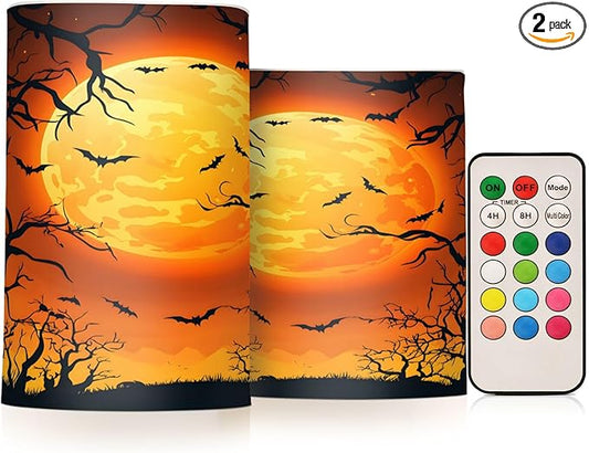 ALAZA Halloween Moon Tree Bat Flickering Flameless Candles Battery Operated with Remote Timer,Tea Light Candles LED Pillar Votive Candles Set of 2 for Outdoor Indoor Decorations