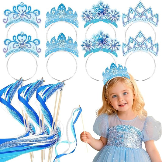 16Pcs Snowflake Headband and Princess Fairy Wand Set, 8Pcs Winter Princess Wands and 8Pcs Angel Snow Flake Crown Headbands, Ice Dress Up Kit for Xmas Winter Themed Birthday Party