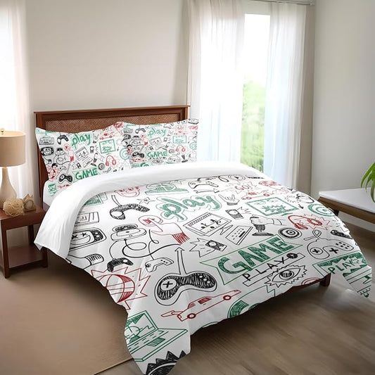 Game Comforter Sets for Boys Teen Queen Size,Kids Video Games Bedding Set Sketch Style Athletic Racing Game Design Bedroom Home Decor
