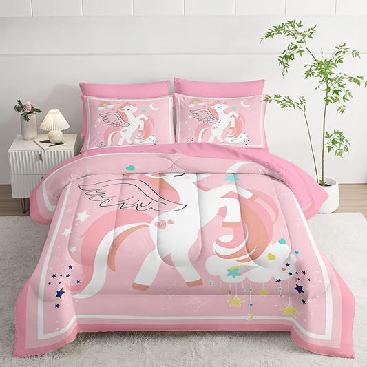 7Pcs Comforter Set Cartoon Pink Unicorn Printed Bedding Set with 1 Comforter,1 Flat Sheet,1 Fitted Sheet and 4 Pillowcases for Boys and Girls Bedroom All Season(Full)
