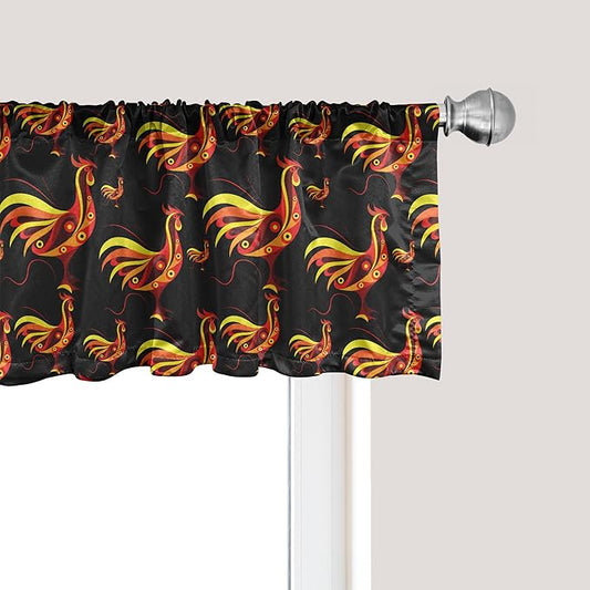 Ambesonne Farm Window Valance, Warm Colored Curled Ornamental Abstract Plumy Roosters Fowls, Curtain Valance for Kitchen Bedroom Decor with Rod Pocket, 42" x 12", Charcoal Grey Multicolor