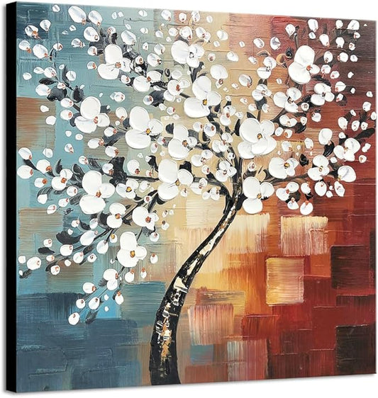 Wieco Art Large Modern Abstract White Flowers Oil Paintings on Canvas Wall Art Morning Glory 100% Hand Painted Floral Gallery Wrapped Artwork for Living Room Bedroom Home Office Decor
