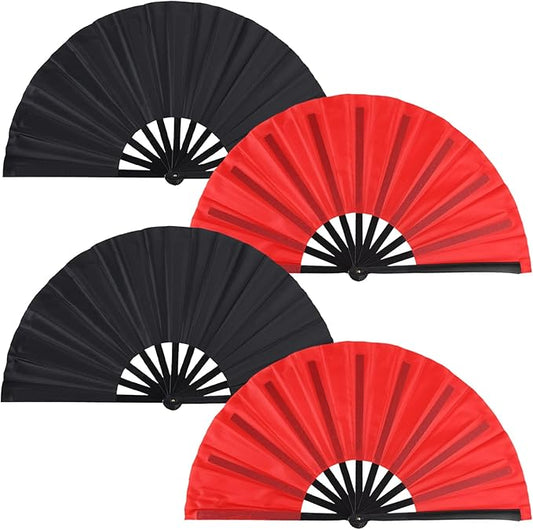 4 Pack Large Folding Hand Fan, Plastic Hand Held Folding Fans Chinese Kung Fu Hand Fan Decorative Folding Fans for Dance, Performance, Festival or Home Decorations(Black & Red)