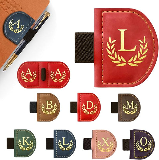 Personalized Leather Magnetic Bookmark with Pen Holder, Custom Bygone Mark Bookmark with Pen Holder, Custom Bookmarks with 26 Letters for Reading Women, Men, Teachers, Book Lovers（Red，L）