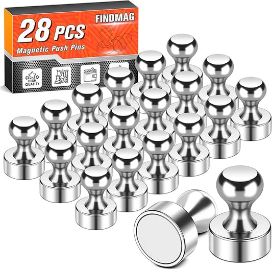FINDMAG Fridge Magnet, Powerful Small Silver Refrigerator Magnets, Cute Magnetic Push Pins for Adults, Strong Locker Magnets for Whiteboard, Office, Kitchen, Classroom, Photos & Notes, Pack of 28