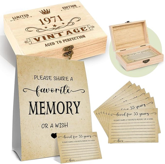 55th Birthday Party Share a Memory Set, 1971 Birthday Gifts for Women Men, 1971 Wooden Share A Memory Box with Memory Sign and 50 Pcs Memory Cards, 1971 Birthday Gifts, 55th Birthday Party Decorations