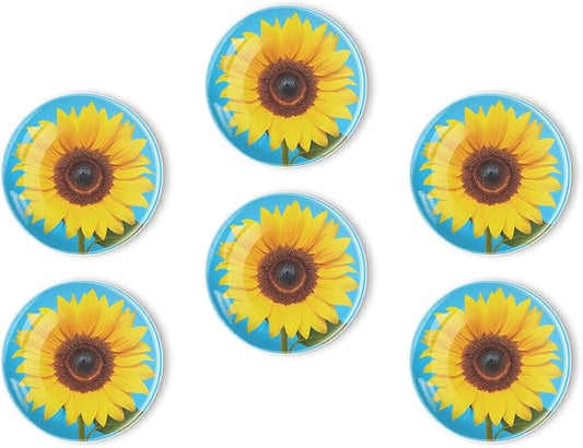 Fridge Magnets 6 Pcs Sunflower Against Blue Background Round Strong Magnetic Glass Small Refrigerator Magnet,Home Decoration for Office Whiteboards,Classrooms,Cabinet and Dishwasher