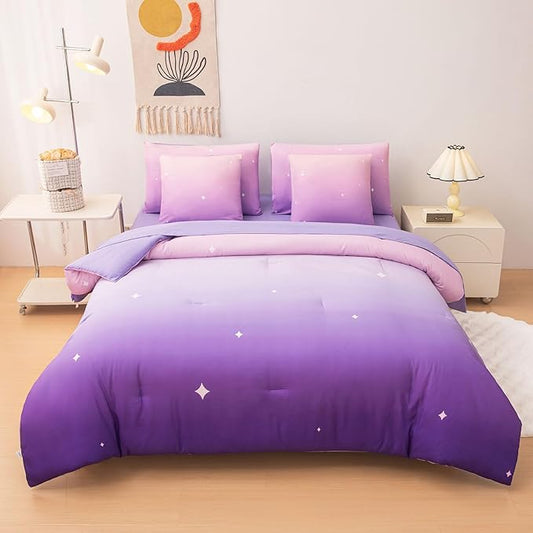 Rainbow Bedding Set Full Size – 7 Piece Reversible Girls Comforter with Deep-Pocket Sheet, Gradient Galaxy Design, Whole-Piece Filling, Machine Washable Bed-in-a-Bag for Kids Room Makeover & Gifts