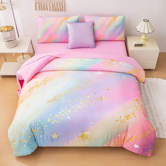 Rainbow Bedding Set Queen Size – 6-Piece Reversible Girls Comforter with Deep-Pocket Sheet, Gradient Galaxy Design, Whole-Piece Filling, Machine Washable Bed-in-a-Bag for Kids Room Makeover & Gifts