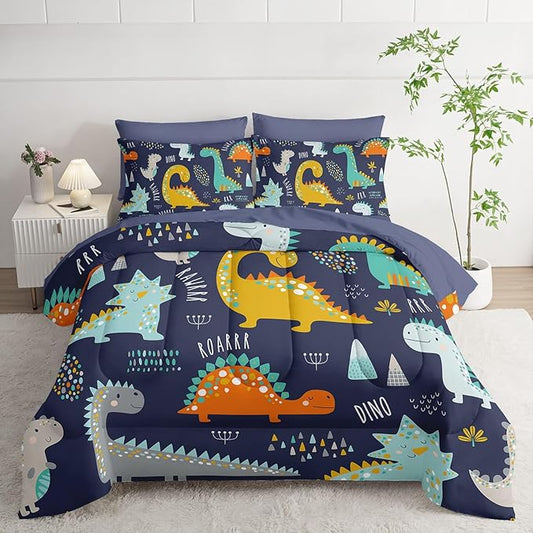 7Pcs Comforter Set Cartoon Dinosaur Printed Bedding Set with 1 Comforter, 1 Flat Sheet, 1 Fitted Sheet and 4 Pillowcases for Boys and Girls Bedroom All Season(Queen)