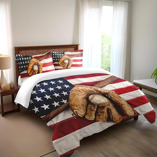 Baseball Bedding Sets for Boys - Sports Theme American Flag Comforter Set Full Size, Durable Kids Sports Decor with Team Spirit Design (Includes Comforter & Pillowcases)