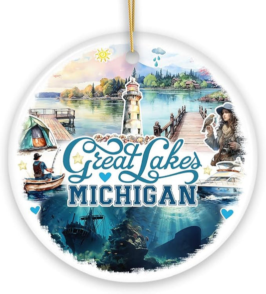 Artistic Great Lakes Michigan State Ornament, Ceramic Landscapes and Travel Souvenir and Gift (Version 1)