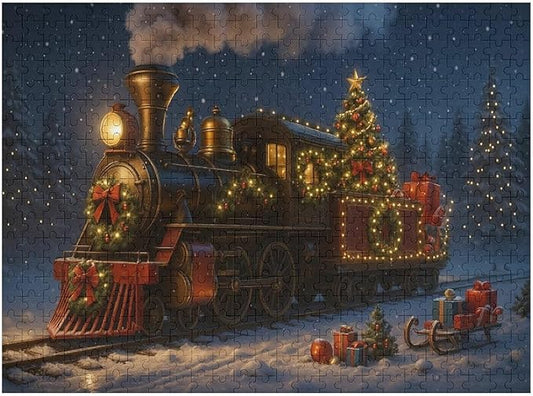 Christmas Train and Tree 1000-Piece Wooden Jigsaw Puzzle, Festive Holiday Scene, Cozy Indoor Fun, Family Game Night, Relaxing Stress-Relief Gift