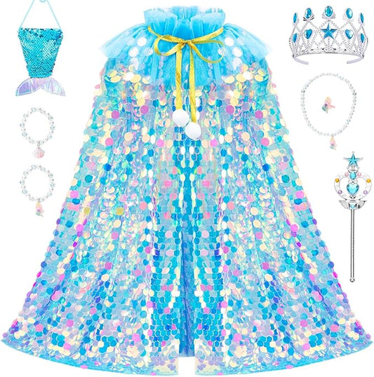 Meland Princess Dress Up for Girls 3-8, 11Pcs Mermaid Cape with Crown, Dress Up Clothes Birthday Gift Toys for Girls Toddlers