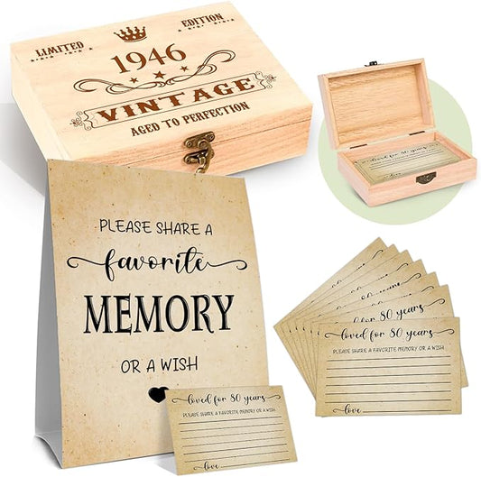 80th Birthday Party Share a Memory Set, 1946 Birthday Gifts for Women Men, 1946 Wooden Share A Memory Box with Memory Sign and 50 Pcs Memory Cards, 1946 Birthday Gifts, 80th Birthday Party Decorations