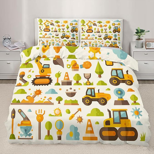 Cartoon Construction Vehicles Bedding Set Twin Size Excavator Bulldozer Duvet Cover Colorful Engineering Comforter Cover Kids Construction-Themed Comforter Set Soft Microfiber for Bedroom