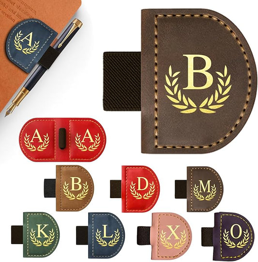 Personalized Leather Magnetic Bookmark with Pen Holder, Custom Bygone Mark Bookmark with Pen Holder, Custom Bookmarks with 26 Letters for Reading Women, Men, Teachers, Book Lovers（Coffee，B）