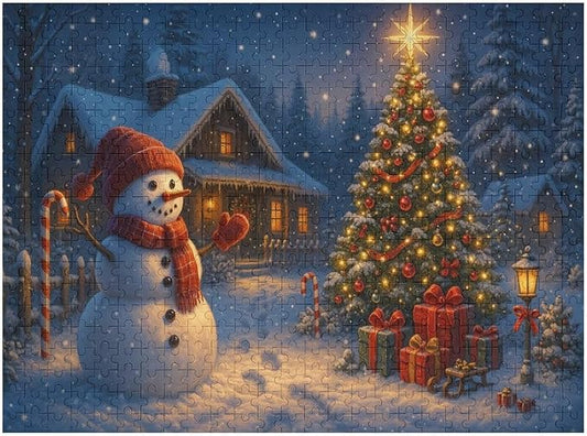 Christmas Tree Snowman 500-Piece Wooden Jigsaw Puzzle, Holiday Puzzle, Christmas Tree and Snowman Scene, Relaxing Indoor Activity, Family Entertainment, Mindful Leisure