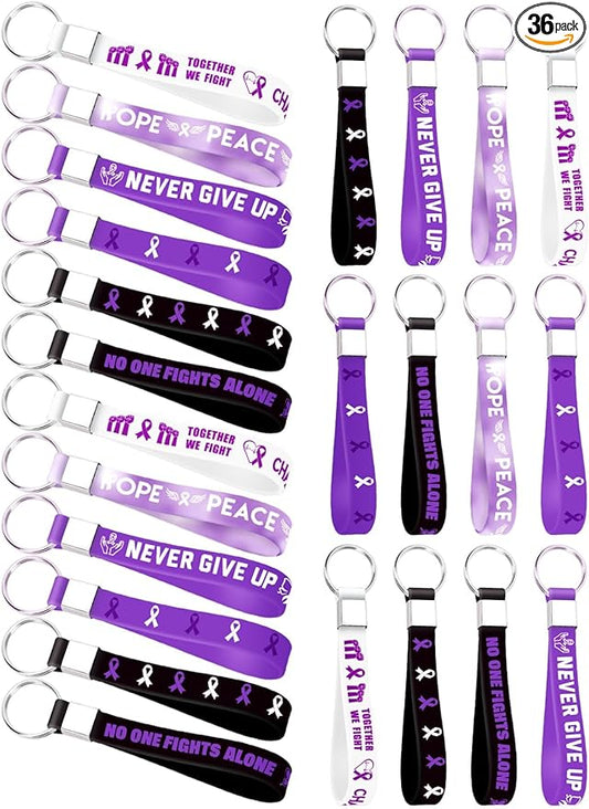 36pcs Purple Ribbon Awareness Silicone Keychains Inspirational Motivational Rubber Keychains for Lupus Domestic Violence Epilepsy Pancreatic Cancer Alzheimers Awareness Party Supplies