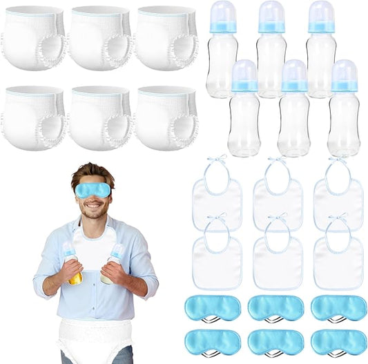 6 Sets Bottle Chug Baby Shower Games Plastic Baby Bottles Hat Disposable Diapers Gender Reveal Games Baby Changing Diaper Race Game Decorations (Blue)