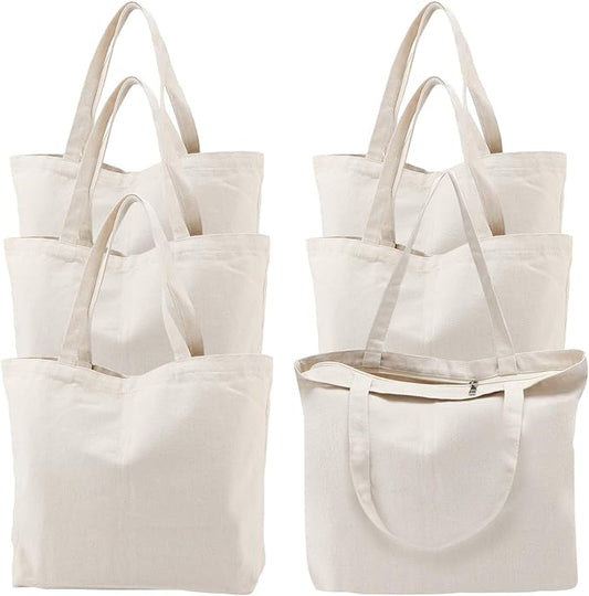 Segarty 6 Packs Canvas Tote Bag with Zipper, 16x13 inch Reusable Washable Grocery Shopping Bags with Handle Plain Canvas Totes for Women Teacher DIY Art Crafts Painting Embroidery Decoration