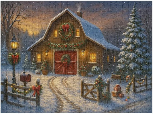 Christmas Snowy Night,Winter Red House 500-Piece Wooden Jigsaw Puzzle, Festive Winter Puzzle, Snowy Red House Scene, Indoor Relaxation, Family Fun, Stress-Relief Activity