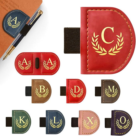 Personalized Leather Magnetic Bookmark with Pen Holder, Custom Bygone Mark Bookmark with Pen Holder, Custom Bookmarks with 26 Letters for Reading Women, Men, Teachers, Book Lovers（Red，C）