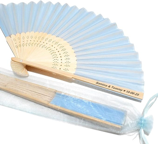 Personalized Engraved Silk Fans Folding Hand Fans with Organza Bags, 22Pcs Light Blue Summer Wedding Fans, Custom Imitated Silk-Bamboo Fans for Guests Wedding Party Favor Bridal Shower Gifts