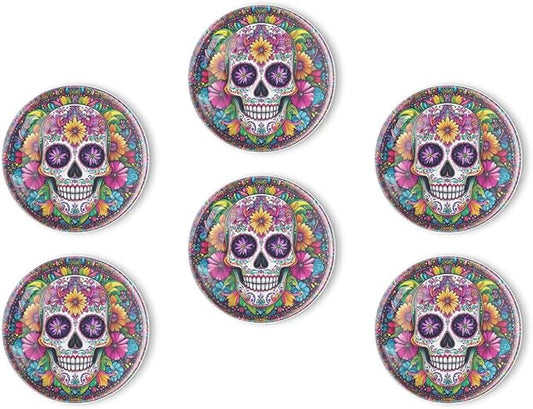Fridge Magnets 6 Pcs Colorful Sugar Skull with Flowers Round Strong Magnetic Glass Small Refrigerator Magnet,Home Decoration for Office Whiteboards,Classrooms,Cabinet and Dishwasher