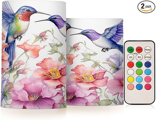 ALAZA Spring Hummingbird Flowers Flickering Flameless Candles Battery Operated with Remote Timer,Tea Light Candles LED Pillar Votive Candles Set of 2 for Outdoor Indoor Decorations