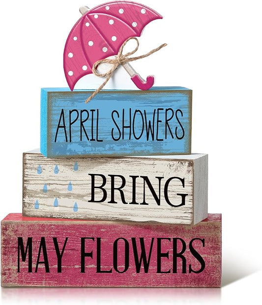 4 Pcs Spring Decorations for Home Wooden Umbrella Tiered Tray Decorations Spring Centerpieces for Tables Farmhouse Decorative Umbrella Faux Stack Block Sign for Home Shelf Decor