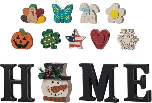 Glitzhome Interchangeable Home Table Signs with 13 Pcs Seasonal Icons, Wooden Changeable Home Sign for Holiday Decor, HOME Letter Sign Ornaments Set Interchangeable Holiday Decorative Shelf Blocks