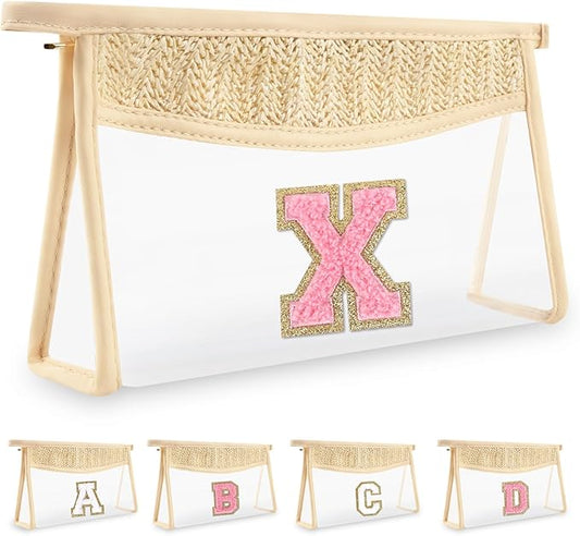Small Boho Straw Initial Letter Makeup Bag Personalized Gift ,Cute Clear Chenille Patch Makeup Bag With Zipper,Trendy TSA Approved Travel Toiletry Bag,Gift for Women Girls Birthday Friend, Letter X