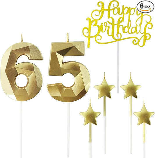 Golden Number 65 Birthday Candles and Star Birthday Candles 2.76 inch Birthday Cake Candles 3D Diamond Shaped Candles are Suitable for Birthday Parties and Anniversary Cake Decorations Candles