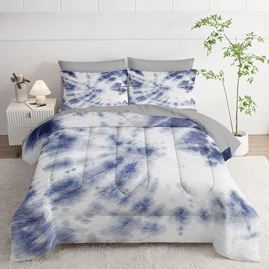 7Pcs Comforter Set Blue Tie Dye Printed Bedding Set with 1 Comforter, 1 Flat Sheet, 1 Fitted Sheet and 4 Pillowcases for Boys and Girls Bedroom All Season(Tie Dye Queen)