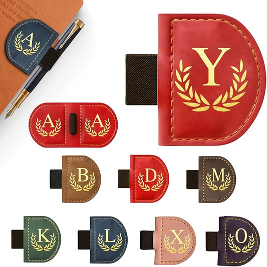 Personalized Leather Magnetic Bookmark with Pen Holder, Custom Bygone Mark Bookmark with Pen Holder, Custom Bookmarks with 26 Letters for Reading Women, Men, Teachers, Book Lovers（Red，Y）