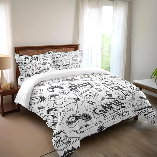 Gaming Comforter Sets for Boys Teen Twin Size,Kids Video Games Bedding Set Sketch Style Athletic Racing Game Design Bedroom Home Decor