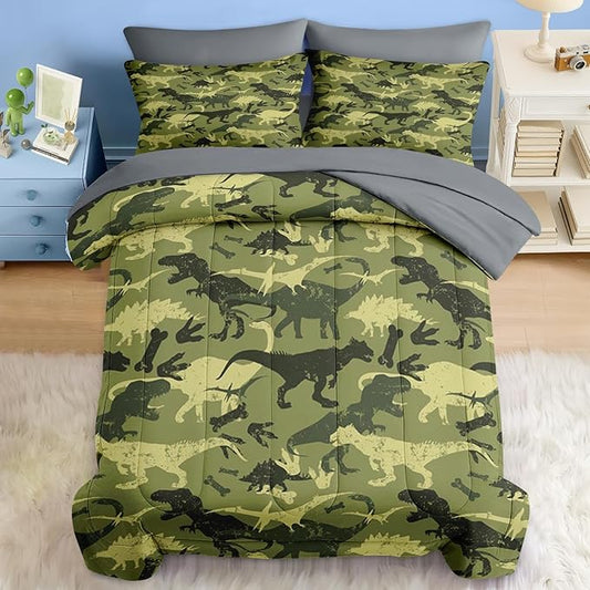 Comforter Set Twin Size, Camouflage Dino Dinosaur 5 Pcs Bedding for Kids and Adults, Cute Funny Green Bed Sheet Sets with Fitted Sheet Pillowcase & Sham for Bedroom Bed Decor