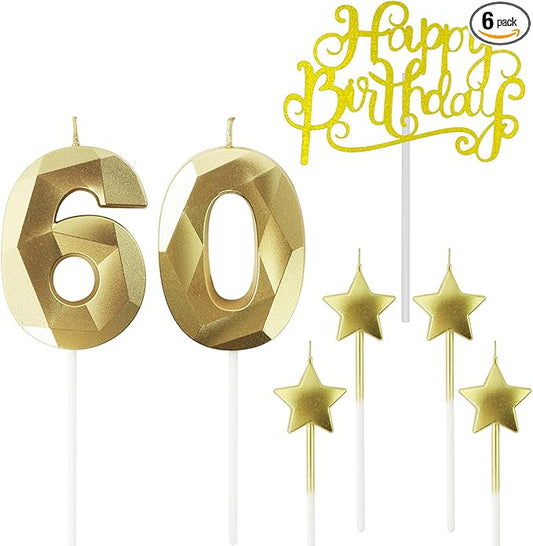 Golden Number 60 Birthday Candles and Star Birthday Candles 2.76 inch Birthday Cake Candles 3D Diamond Shaped Candles are Suitable for Birthday Parties and Anniversary Cake Decorations Candles