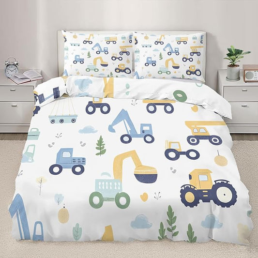 Cartoon Construction Vehicles Duvet Cover Queen Size Excavator Bulldozer Bedding Set Trucks Car Comforter Set Kids Engineering-Themed Quilt Cover with Pillowcases for Bedroom