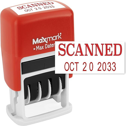 MaxMark Self-Inking Rubber Date Office Stamp with Scanned Phrase & Date - RED Ink (Max Dater II), 12-Year Band